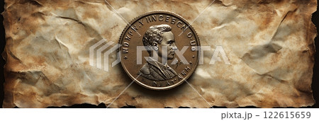 An aged parchment displays a commemorative coin featuring a historical figure in profile. The antique aesthetic evokes history and tradition, perfect for commemorative or historical projects An aged parchment displays a commemorative coin featuring a historical figure in profile. The antique aesthetic evokes history and tradition, perfect for commemorative or historical projects 122615659