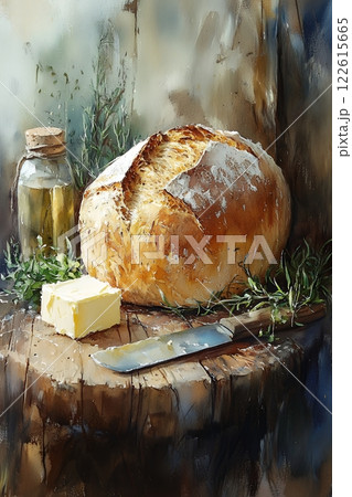 A rustic still life celebrates National Sourdough Bread Day. A freshly baked loaf sits on a wooden board with butter, herbs, and olive oil, creating a comforting and appetizing scene 122615665