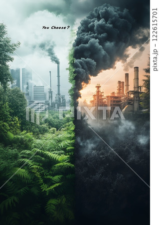 A stark contrast: lush greenery versus a smog choked industrial landscape. A choice for our planet's future on Fossil Fools Day. You choose 122615701