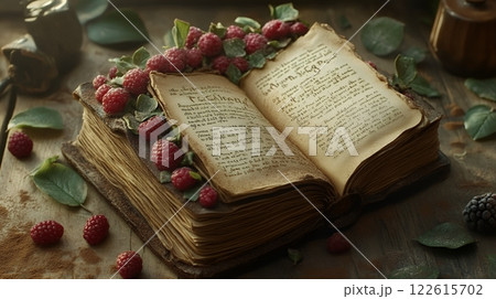 A delicious chocolate book cake, decorated with fresh raspberries and leaves, celebrates Edible Book Day. A whimsical and creative dessert, perfect for a literary themed event 122615702
