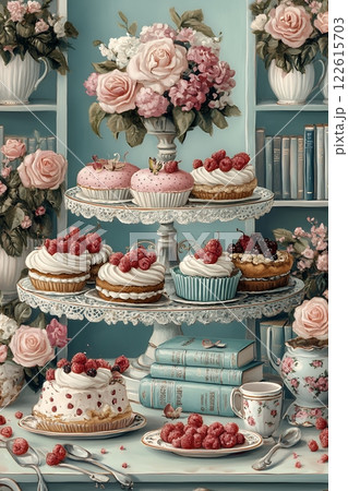 Pastries, raspberries, and tiered stands celebrate Edible Book Day. Vintage books and flowers create a charming, whimsical scene perfect for culinary or book themed projects 122615703