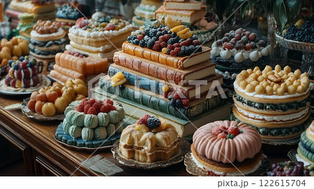 A delectable array of cakes and pastries, meticulously arranged for Edible Book Day. The whimsical book shaped cake is the centerpiece of this sweet celebration 122615704