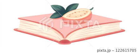 A pink open book rests on a white background, adorned with a halved passion fruit and green leaves. Perfect for Edible Book Day celebrations 122615705