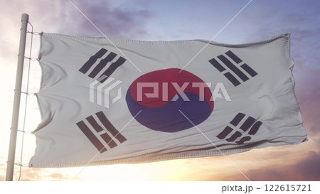 South Korea flag waving in the wind, dramatic sky background. 3d illustration South Korea flag waving in the wind, dramatic sky background. 3d illustration 122615721