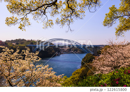 夕焼けに染まる西海橋に満開の桜と渦潮のコラボレーション 夕焼けに染まる西海橋に満開の桜と渦潮のコラボレーション 122615800