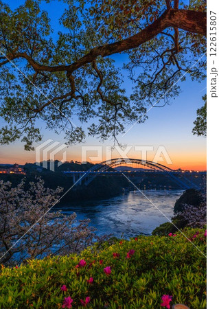 夕焼けに染まる西海橋に満開の桜と渦潮のコラボレーション 122615807