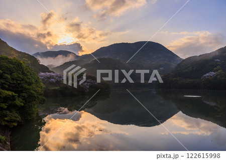 桜咲く季節に静けさの中で朝陽が湖面を照らす風景 122615998