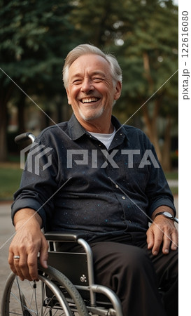 元気そうに笑う車いすの初老の男性 元気そうに笑う車いすの初老の男性 122616080