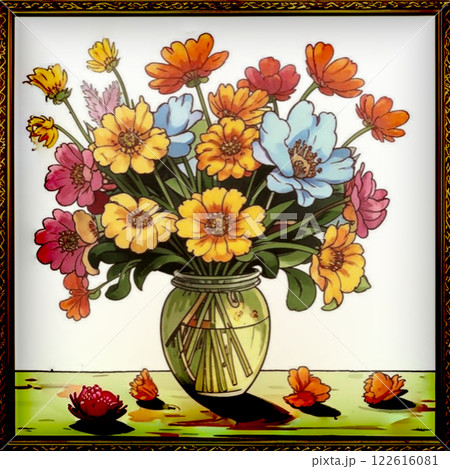 Painting with a bouquet of flowers in a vase. Large vase with various flowers. Painting with a bouquet of flowers in a vase. Large vase with various flowers. 122616081