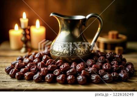 Ramadan Iftar Still Life with Dates and Water Jug Ramadan Iftar Still Life with Dates and Water Jug 122616249