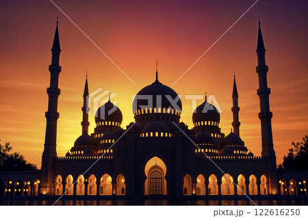 Majestic Mosque Silhouetted at Sunset with Glowing Lights Majestic Mosque Silhouetted at Sunset with Glowing Lights 122616250