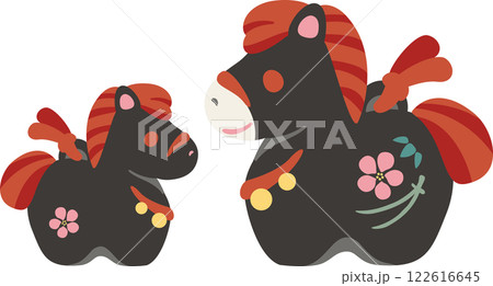 年賀2026 年賀状2026 馬 午 親子 土鈴 干支 かわいい 黒 イラスト素材 年賀2026 年賀状2026 馬 午 親子 土鈴 干支 かわいい 黒 イラスト素材 122616645