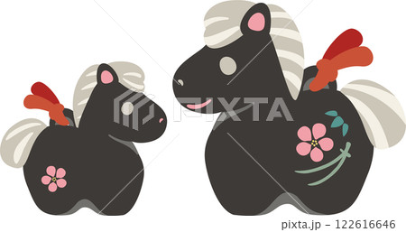 年賀2026　年賀状2026　馬　午　親子　土鈴　干支　かわいい　黒　イラスト素材 122616646