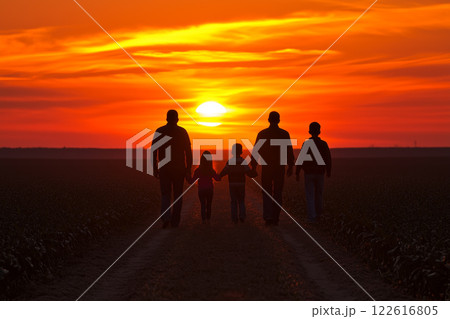 Family Walk at Sunset in Summer with Parents and Children Enjoying Quality Time Together 122616805