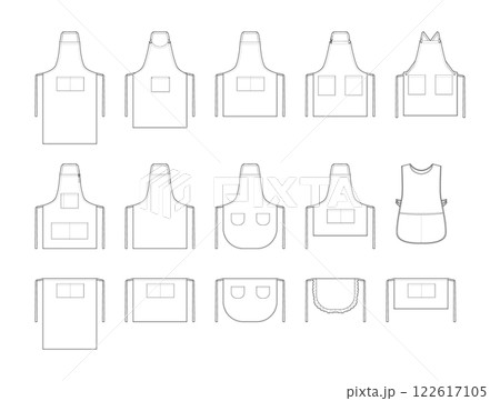 Set of Aprons technical fashion illustration. Chef uniform for cooking cartoon Flat sketch outline apparel template 122617105