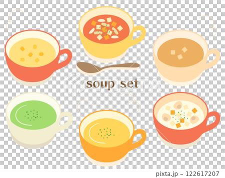 コーンスープやミネストローネなどのスープのイラストのセット 122617207