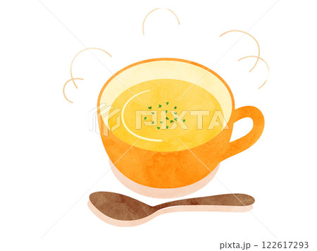 カボチャスープやポタージュをイメージしたイラスト　水彩風加工バージョン 122617293