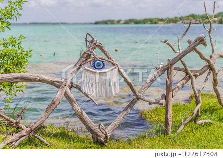 Turquoise waters of Bacalar Lake, Mexico. Peaceful and scenic tropical destination. Travel, relaxation, and nature concept 122617308