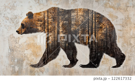 Double exposure art of grizzly bear silhouette with forest trees on textured background inspires nature and wildlife enthusiasts 122617332