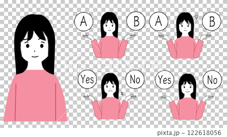 Illustration set of the upper body of a young woman who is confused about what to choose. Smiling and worried faces 122618056