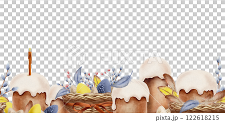 Easter seamless border of Easter cake,candle,eggs,willow, gypsophila,feathers. Looks good kitchen textiles,cookbooks,greeting cards.Watercolor illustration on transparent background Easter seamless border of Easter cake,candle,eggs,willow, gypsophila,feathers. Looks good kitchen textiles,cookbooks,greeting cards.Watercolor illustration on transparent background 122618215