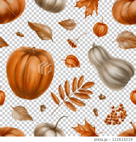 Rustic orange and grey pumpkins,fall leaves,physalis,rowan berries in seamless pattern as a festive holiday symbol.Decoration for Thanksgiving.Watercolor clipart on transparent background 122618219