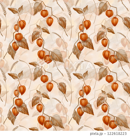 Seamless pattern physalis orange branch with leaves and buds and spikelets of wheat.Decorative plant element for pumpkin harvest festival and Thanksgiving day,Halloween.With beige background Seamless pattern physalis orange branch with leaves and buds and spikelets of wheat.Decorative plant element for pumpkin harvest festival and Thanksgiving day,Halloween.With beige background 122618223