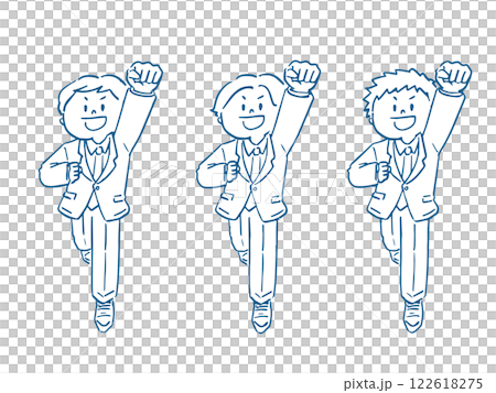 Line drawing illustration set of a man in a suit raising his fist, full body Line drawing illustration set of a man in a suit raising his fist, full body 122618275