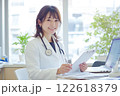 笑顔の女性医師が診察室でカルテを確認する様子 122618379