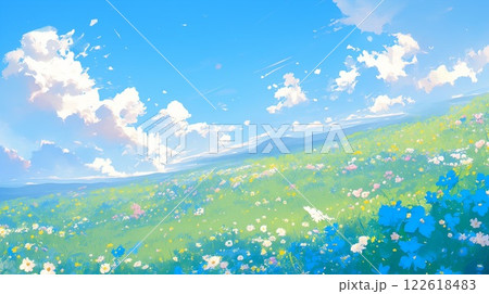 青空と白い雲が広がる美しい花畑｜春夏の爽やかな自然風景イラスト 122618483