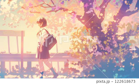 春の放課後｜桜並木を歩く女子高生の幻想的な風景 122618673