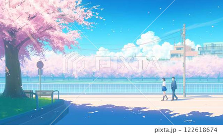 桜並木と青空の春景色｜制服高校生の通学風景イラスト 122618674