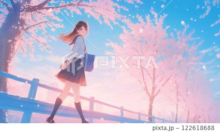 桜並木と青空の春景色｜制服高校生の通学風景イラスト 122618688