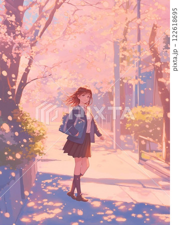 夕暮れの桜並木と女子高生｜春風に舞う青春の瞬間 122618695