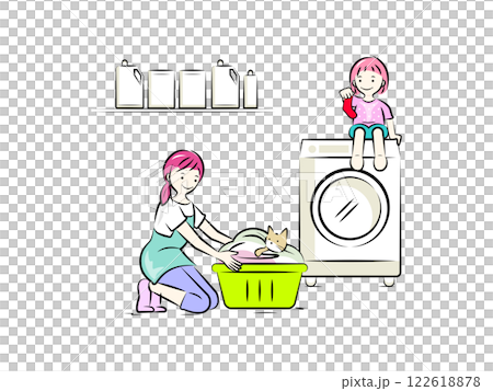 家庭主婦(母親)洗衣服,女孩(女兒),貓 | 家庭系列 家庭主婦(母親)洗衣服,女孩(女兒),貓 | 家庭系列 122618878