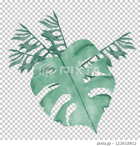 Watercolor Tropical Composition Huge Monstera Leaf and Palm Tree Branches with Leaves Illustration Digital for Printing and Web 122618912