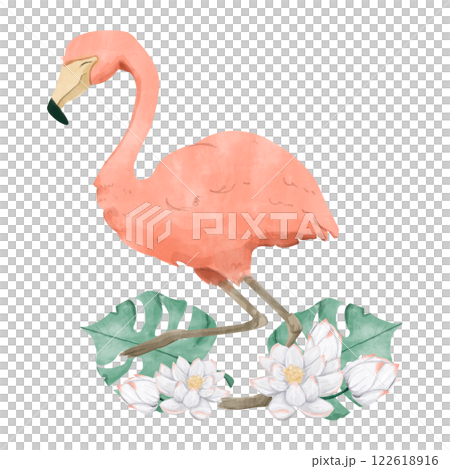 Watercolor Flamingo with Lotus Flowers, Monstera Leaves Composition Illustration Digital for Printing and Web 122618916