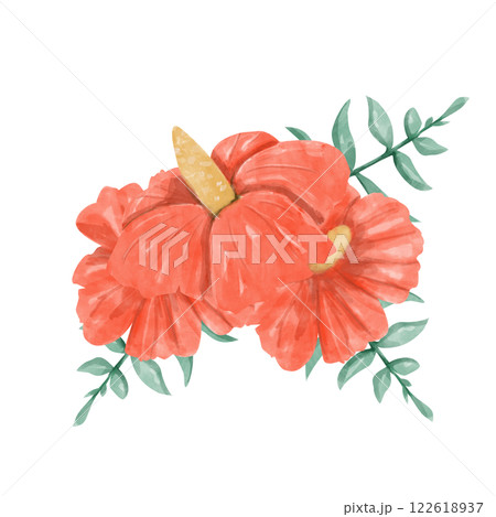 Watercolor Bouquet with Hibiscus Flowers Red and Green Juicy Foliage Composition Illustration Digital for Printing and Web 122618937