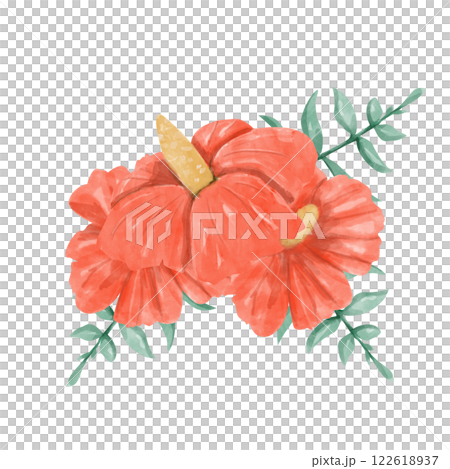 Watercolor Bouquet with Hibiscus Flowers Red and Green Juicy Foliage Composition Illustration Digital for Printing and Web 122618937