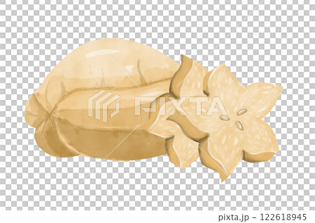 Ripe Carambola Fruit Watercolor Composition with Whole Fruit and Two Slices in Foreground Digital Illustration for Printing and Web Ripe Carambola Fruit Watercolor Composition with Whole Fruit and Two Slices in Foreground Digital Illustration for Printing and Web 122618945