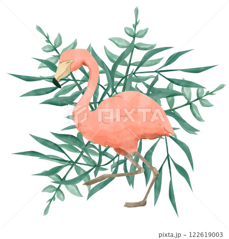 Watercolor Pink Flamingo Bird with Lush Foliage, Composition Illustration for Printing, Web and Textiles 122619003