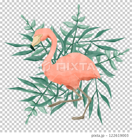 Watercolor Pink Flamingo Bird with Lush Foliage, Composition Illustration for Printing, Web and Textiles 122619003