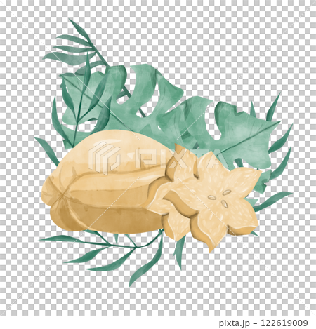 Watercolor Ripe Carambola Fruit with Pieces and Tropical Foliage, Composition Illustration for Printing, Web and Textiles Watercolor Ripe Carambola Fruit with Pieces and Tropical Foliage, Composition Illustration for Printing, Web and Textiles 122619009