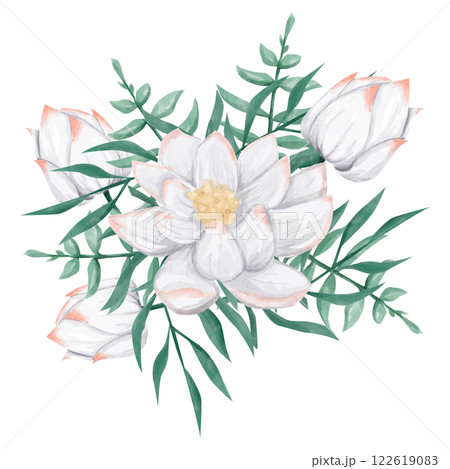 Watercolor Arrangement with White and Pink Water Lily Flowers and Tropical Plants, Composition Illustration for Printing, Web and Textiles Watercolor Arrangement with White and Pink Water Lily Flowers and Tropical Plants, Composition Illustration for Printing, Web and Textiles 122619083