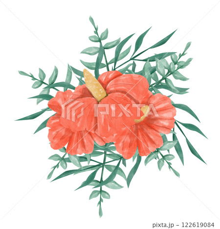 Watercolor Red Hibiscus Flowers with Tropical Foliage, Composition Illustration for Printing, Web and Textiles 122619084