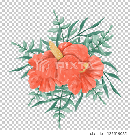 Watercolor Red Hibiscus Flowers with Tropical Foliage, Composition Illustration for Printing, Web and Textiles 122619085