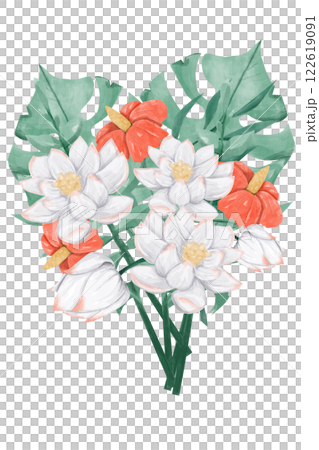 Watercolor Exotic Bouquet with White and Red Tropical Flowers and Lush Foliage, Composition Illustration for Printing, Web and Textiles 122619091