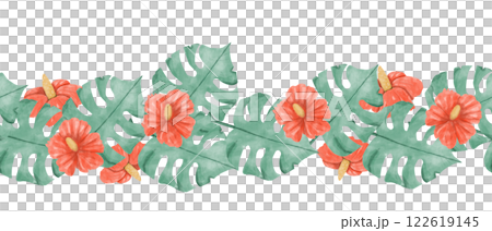 Seamless Watercolor Tropical Border with Red Hibiscus Flowers, Lush Exotic Foliage, for Design Print, Web, Textile, Tape and other Products 122619145