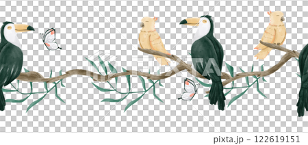 Seamless Watercolor Tropical Border with Exotic Birds: Toucan, Cockatoo, Butterflies, Tree Branches and Leaves, for Design Print, Web, Textile, Scotch and other Products 122619151