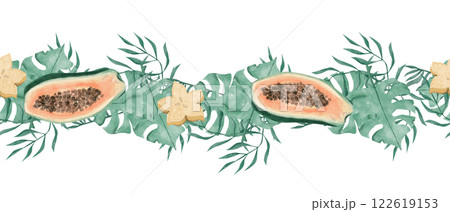 Seamless Watercolor Tropical Border with Exotic Fruits Carambola and Papaya, Green Foliage, Illustration for Design Print, Web, Textile, Scotch and other Products 122619153
